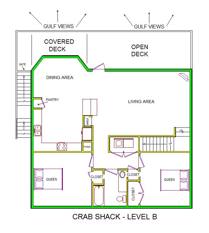 A level B layout view of Sand 'N Sea's beachfront house vacation rental in Galveston named Crab Shack